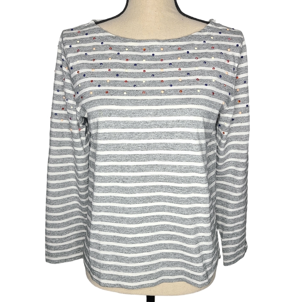 J. Crew 3/4 Sleeve Top Medium Grey and White Striped Rhinestone Boatneck